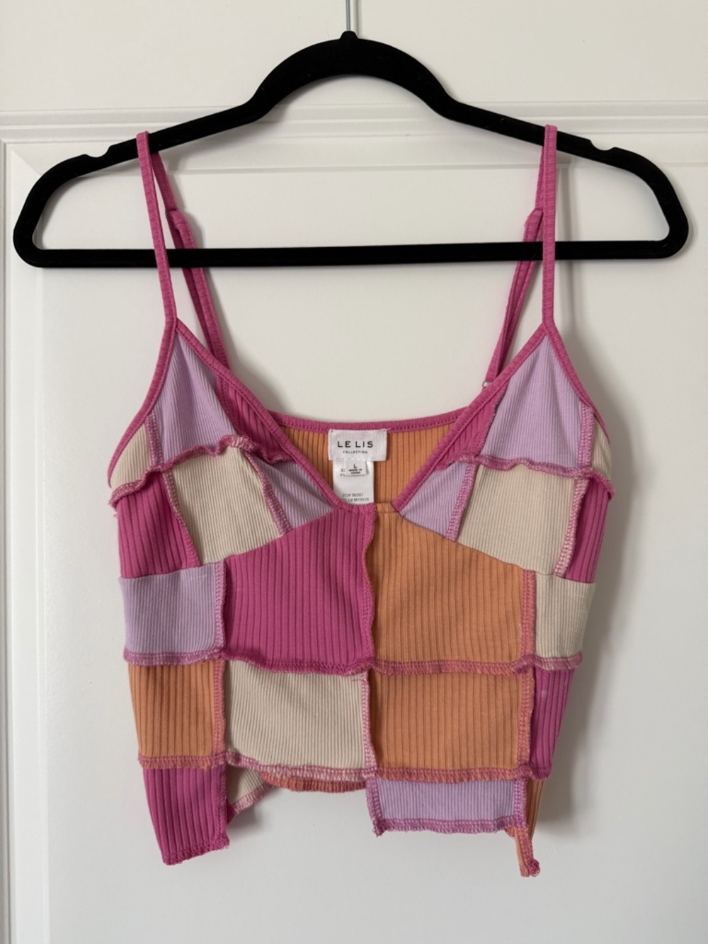 Le Lis Patchwork Ribbed Spaghetti Strap Crop Top in Pink, Peach & Cream